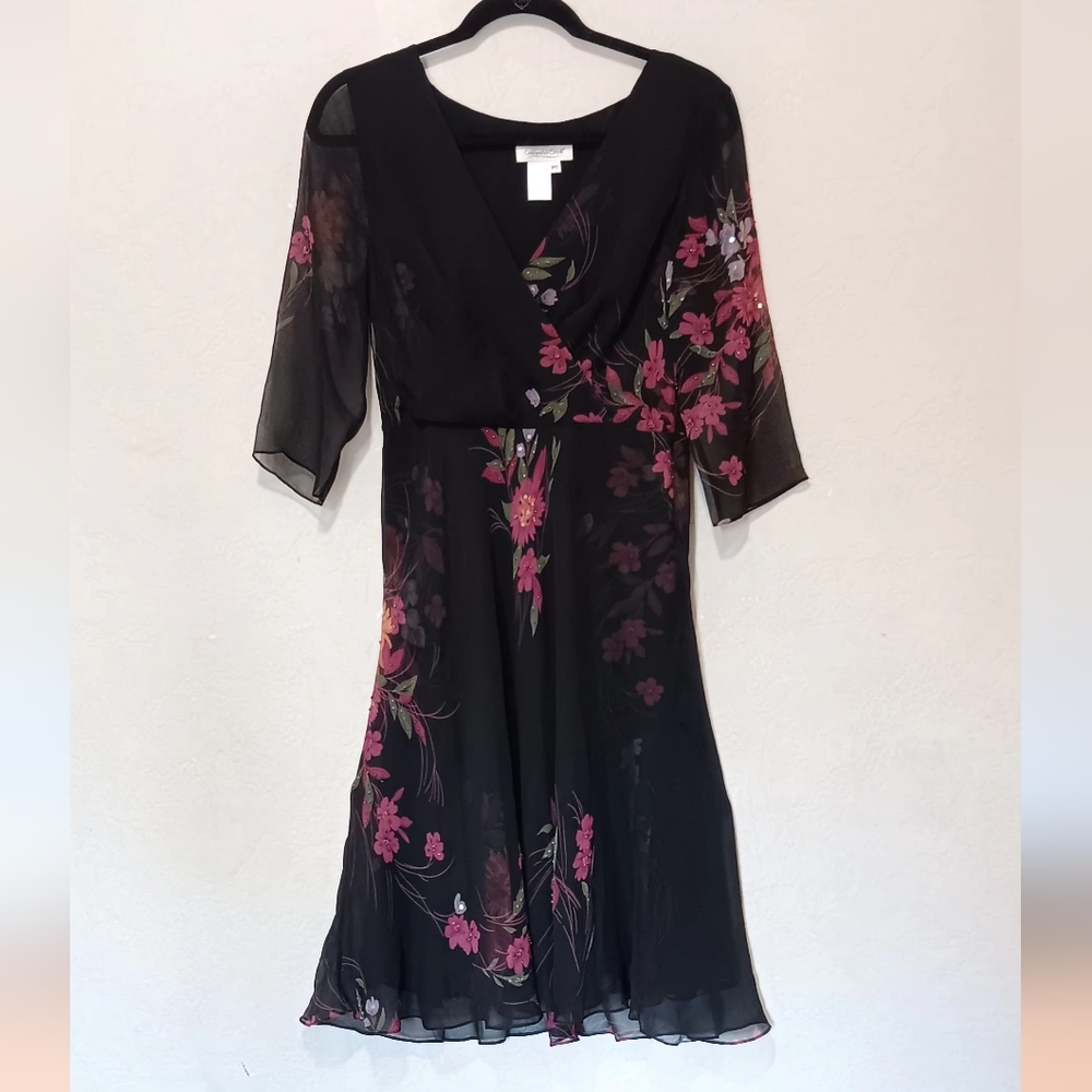 Vintage Coldwater Creek 100% Silk Dress Beaded Fairy Floral Black/ Pink Sz12